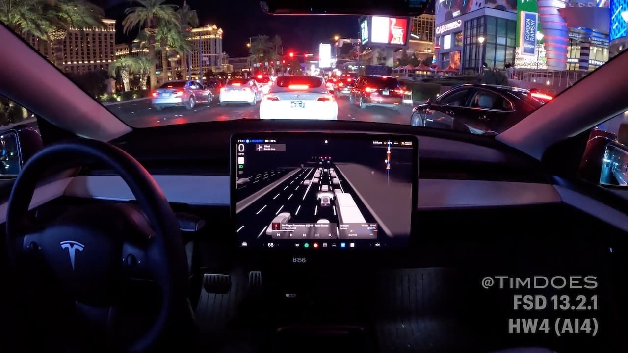 FSD 13.2.1 - First Impressions on Las Vegas Strip - 3 Point U-Turn - Parks Itself at Destination
